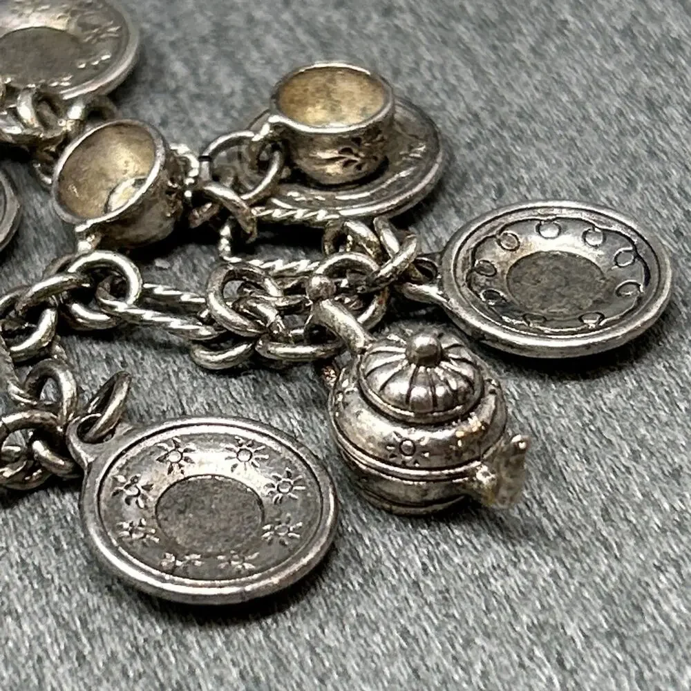Vintage Silver Tone Tea Time Kitchen Charm Bracelet Miniature Teapots Plates